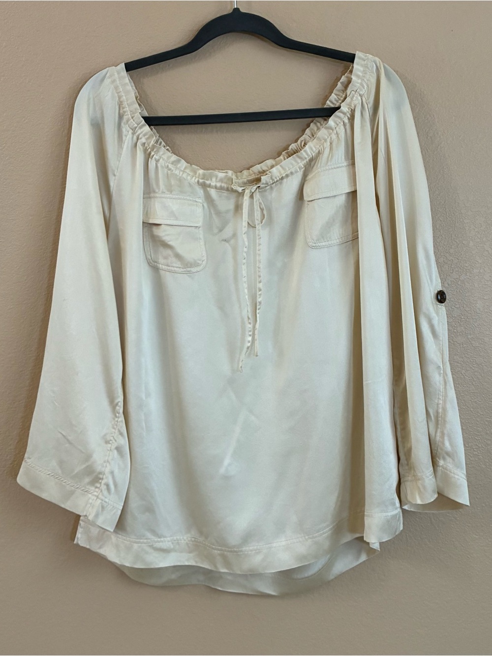 Soft Surroundings Large Silk Cream Peasant‎ Blouse Roll Tab Sleeves
